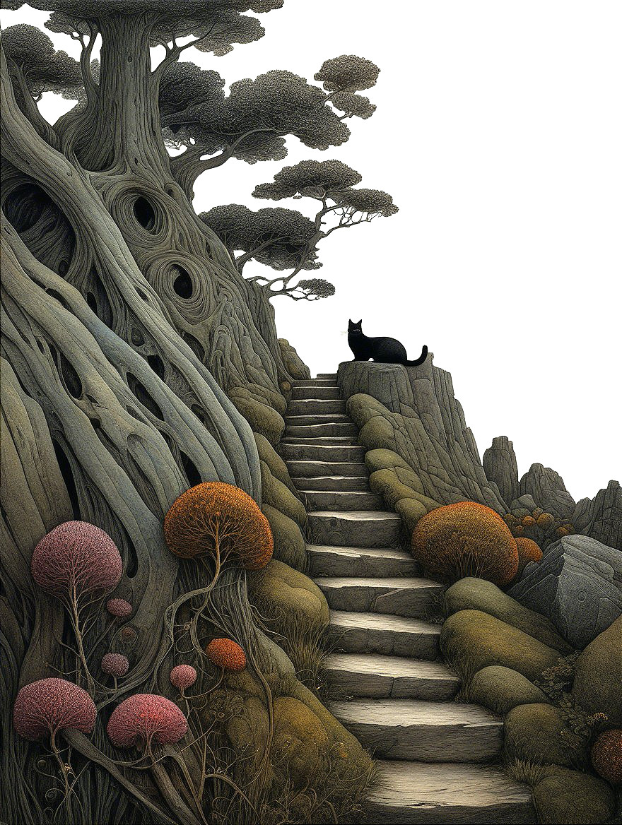 Winding Stone Staircase Surrounded by Fantastical Trees