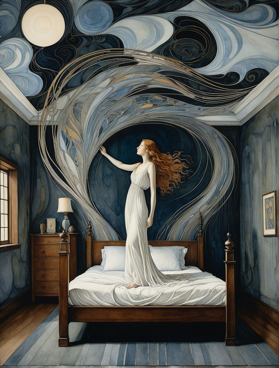 Surreal Room with Woman in White Gown and Patterns
