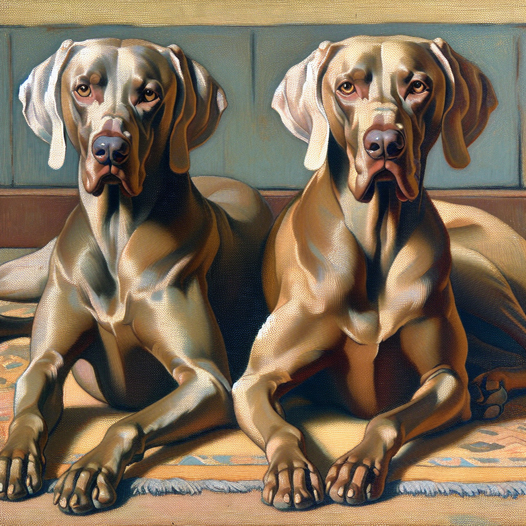 Weimaraners Resting Together on a Patterned Rug