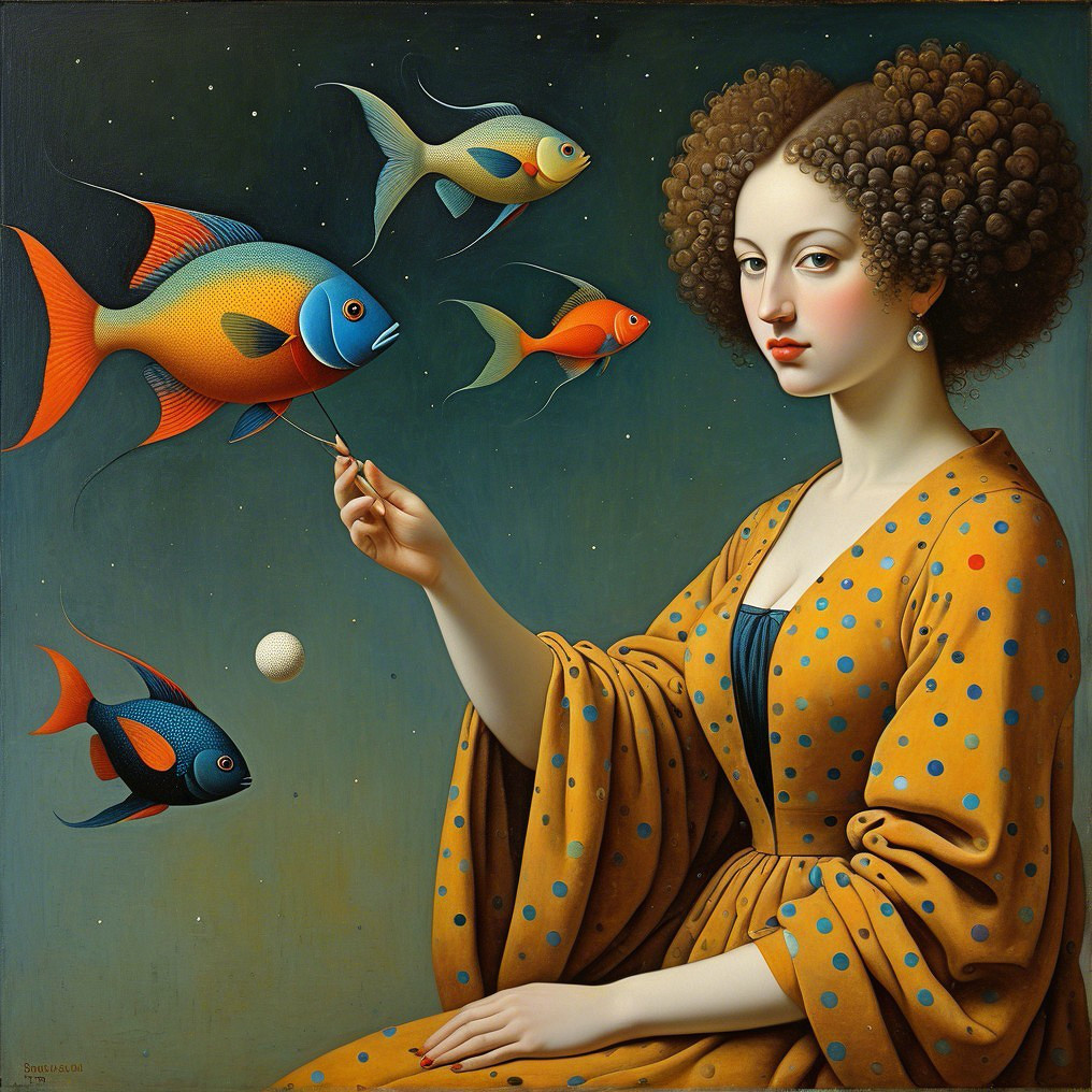 Woman in Polka-Dotted Gown with Colorful Fish