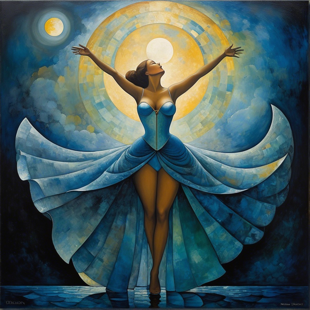 Dancer in Blue Gown Against Celestial Background