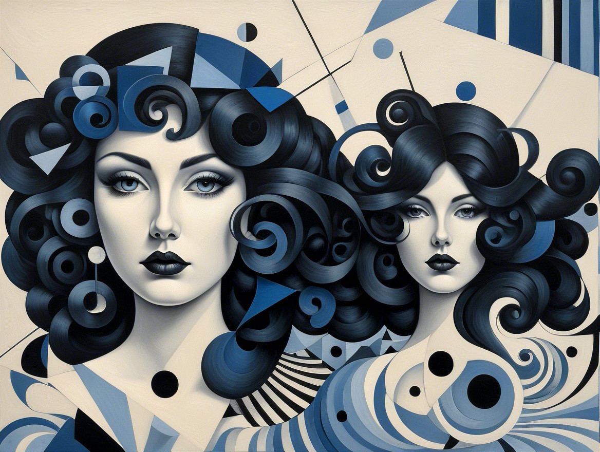 Stylized Female Faces with Intricate Hair and Patterns