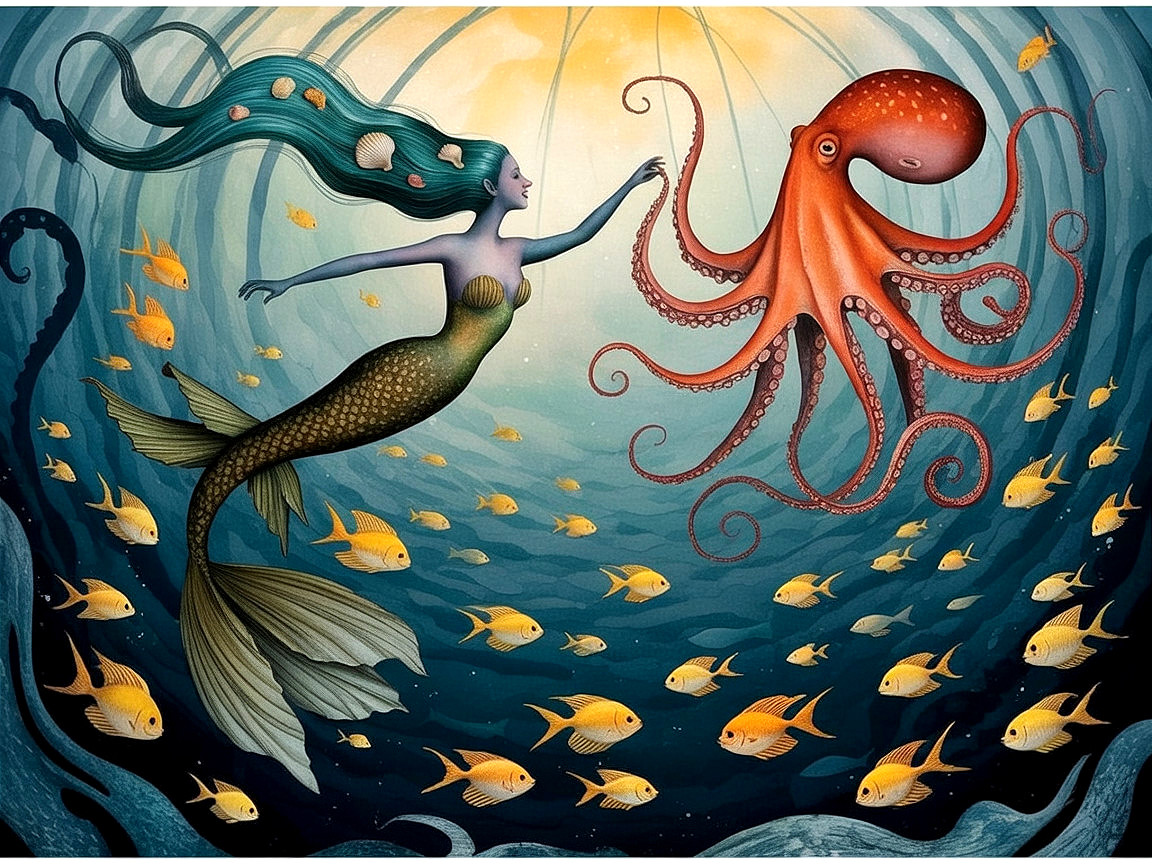 Mermaid and Octopus in a Colorful Underwater Scene
