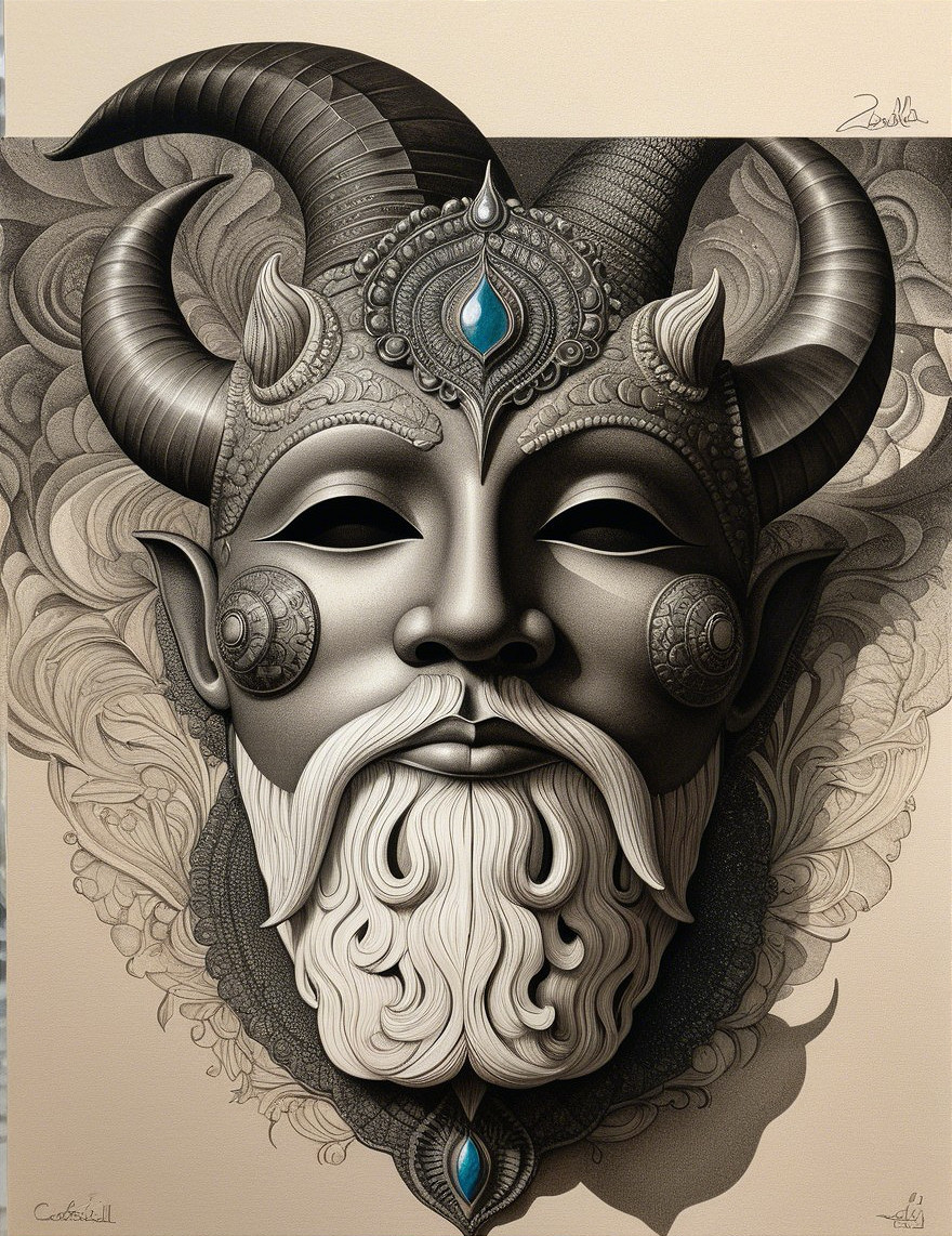 Detailed depiction of a horned figure with ornate beard