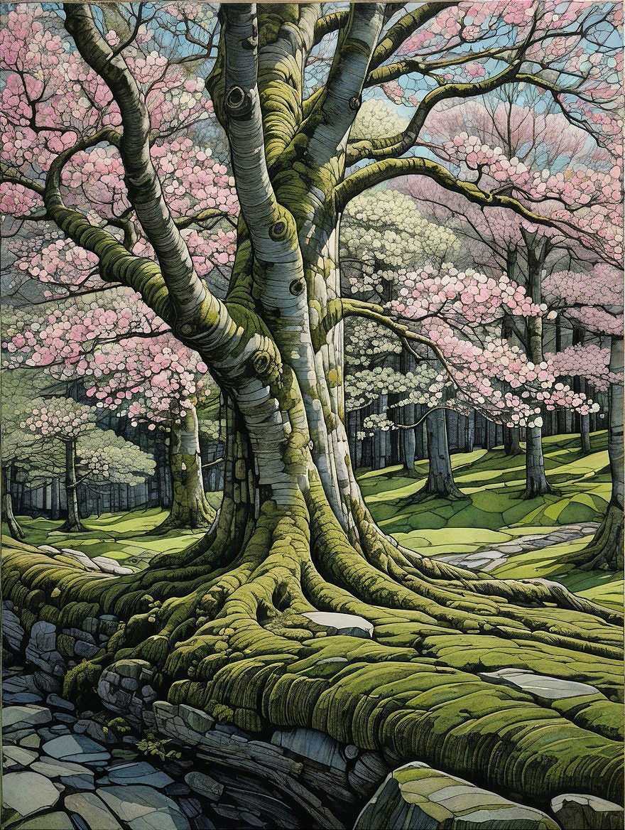 Majestic tree with pink blossoms in serene woodland