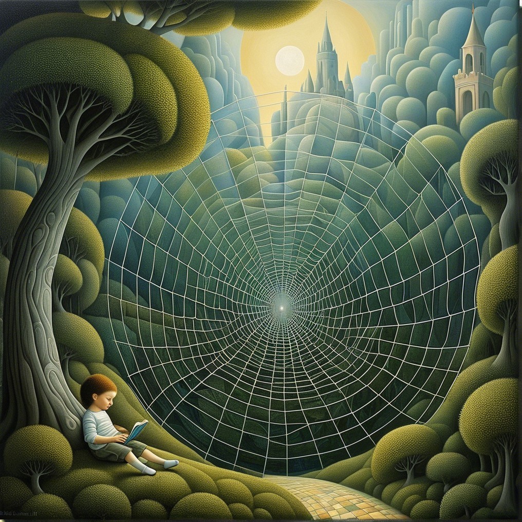Child Reading Under Tree in Dreamy Landscape