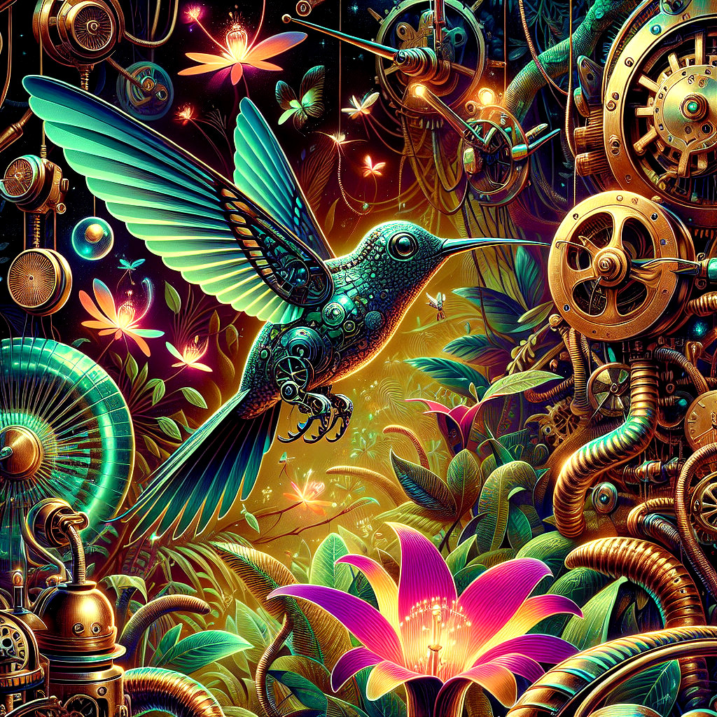 Metallic Hummingbird in Surreal Steampunk Landscape