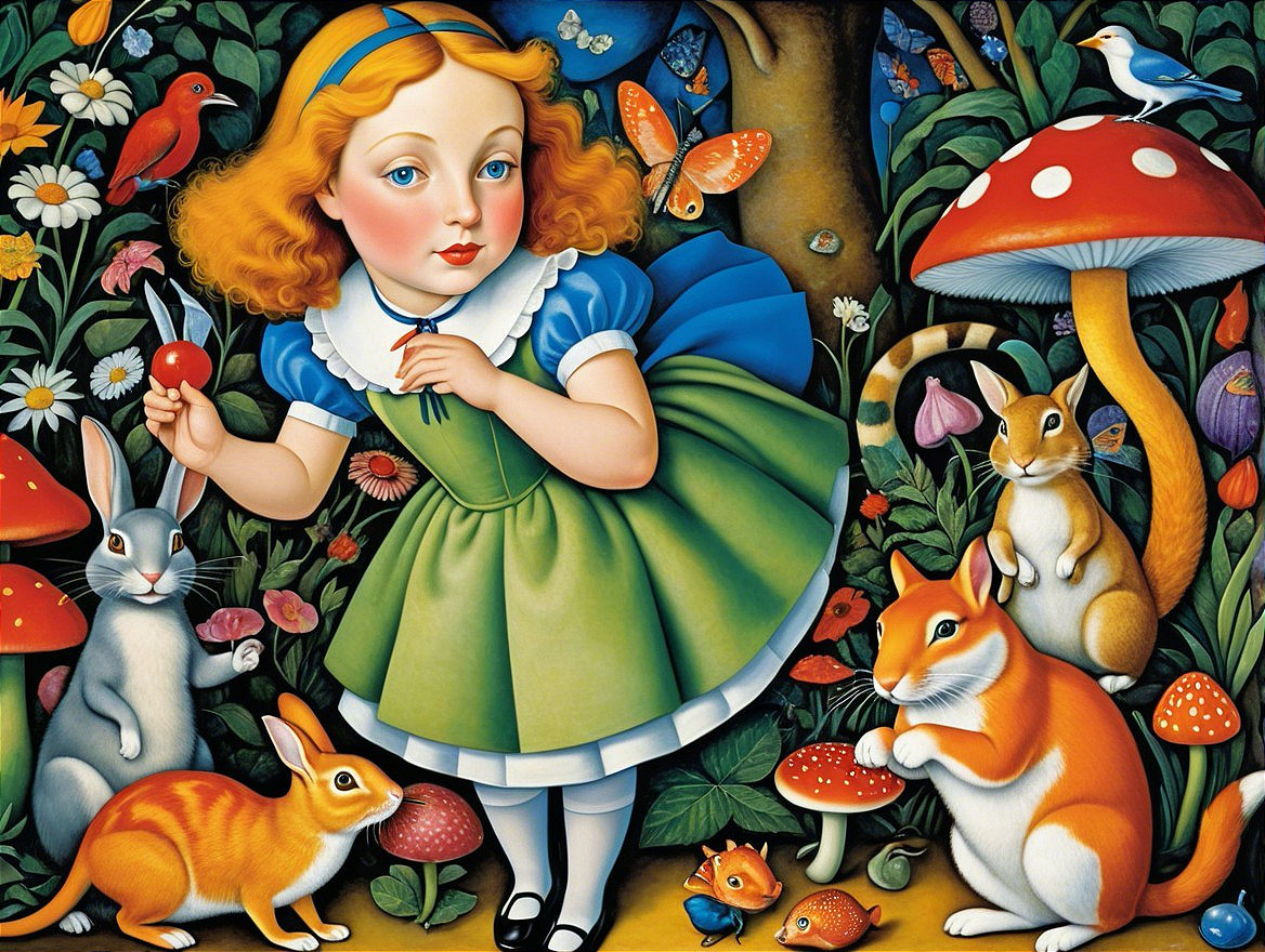 Young girl in green dress in enchanted forest setting