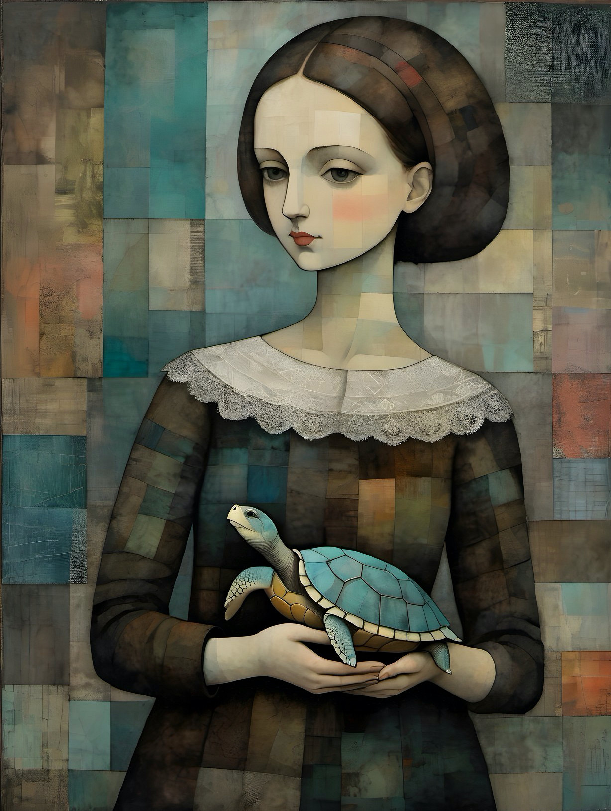 Young Girl Holding Turtle in Contemplative Scene