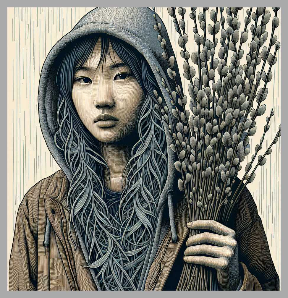 Young Girl in Hooded Sweatshirt Holding Branches