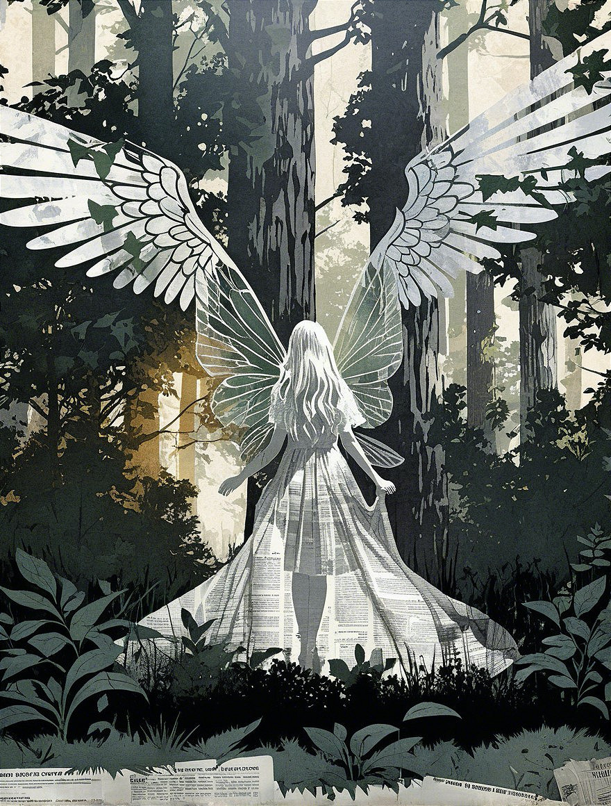 Ethereal figure with wings in a serene forest setting