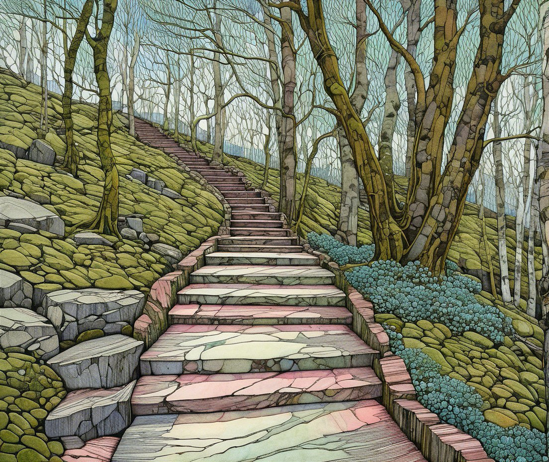 Winding Stone Staircase in Lush Green Hillside