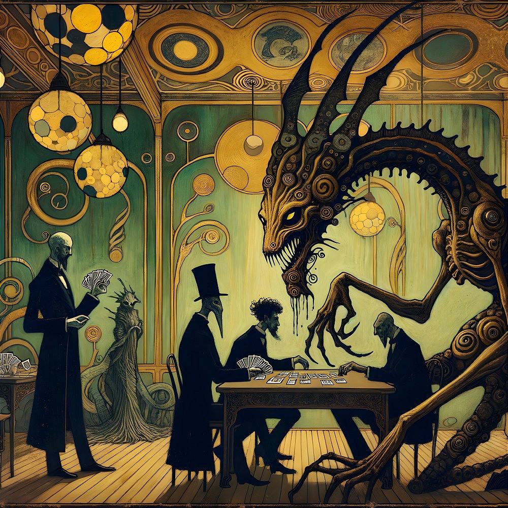 Surreal Card Game in Dimly Lit Room with Dragon Shadow