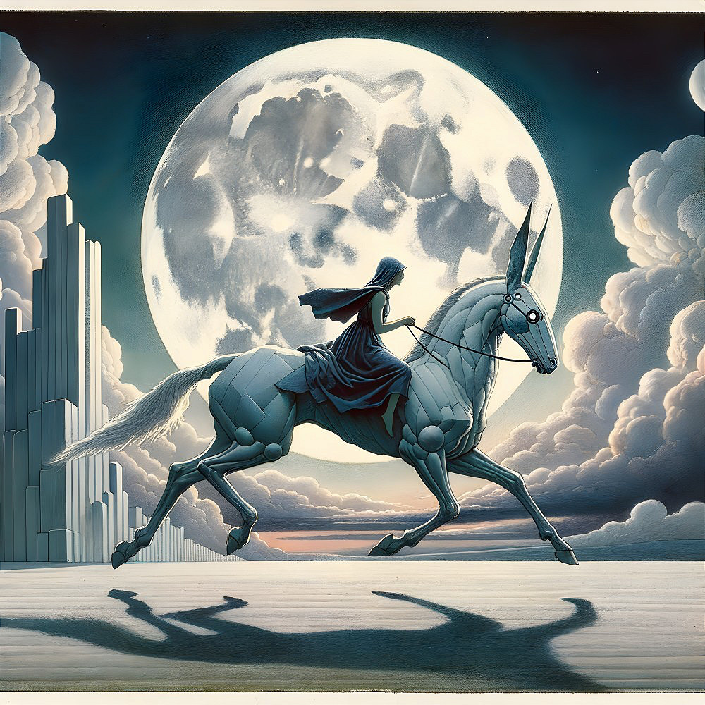 Futuristic Rider on Metallic Horse Under Full Moon