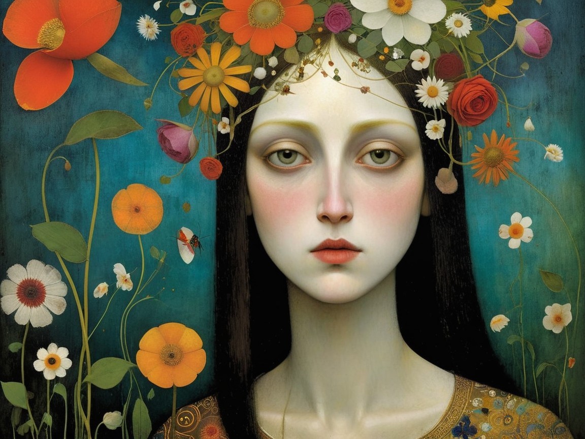 Young Woman with Floral Crown in Vibrant Setting