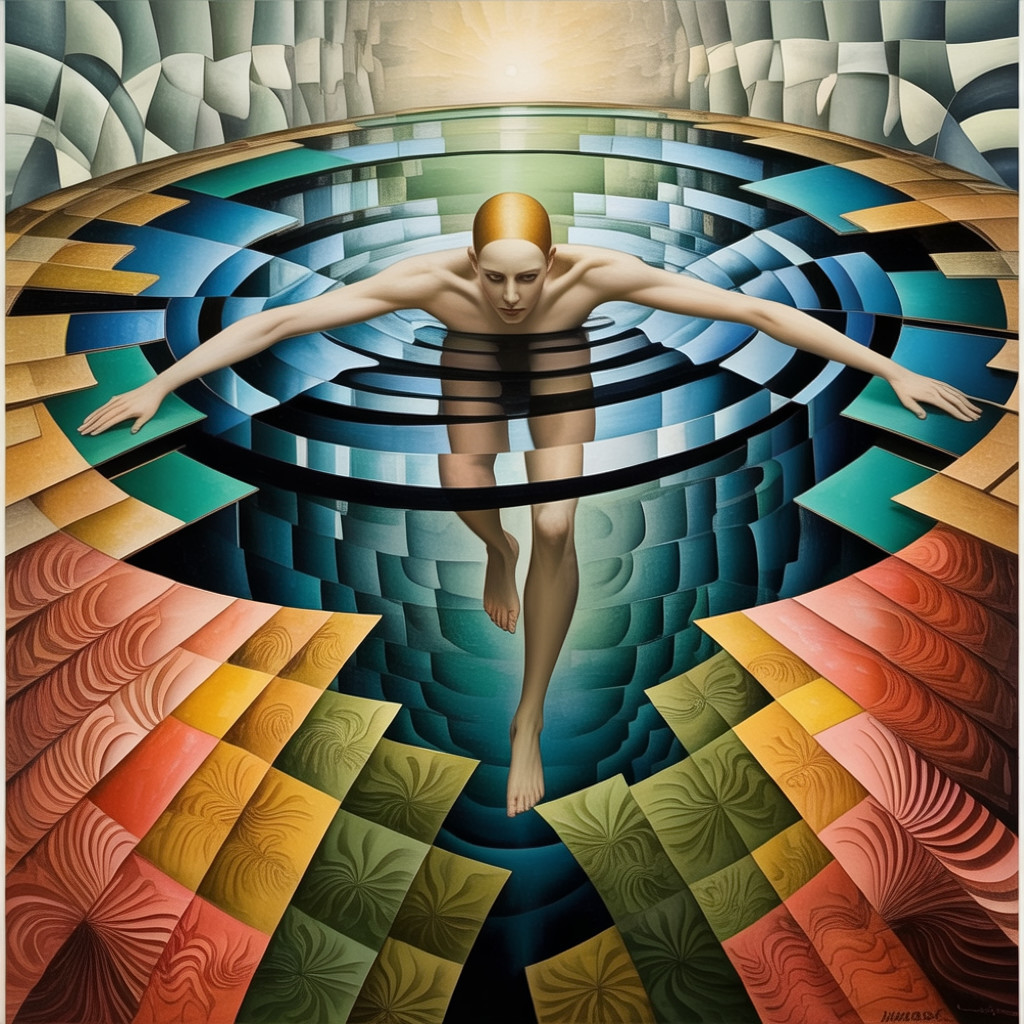 Swimmer in Abstract Pool with Vibrant Patterns
