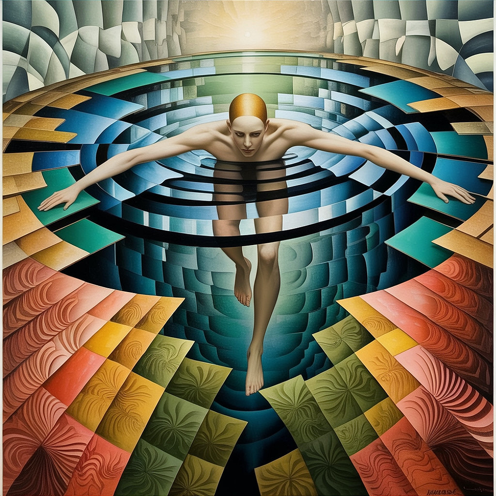 Swimmer in Abstract Pool with Vibrant Patterns