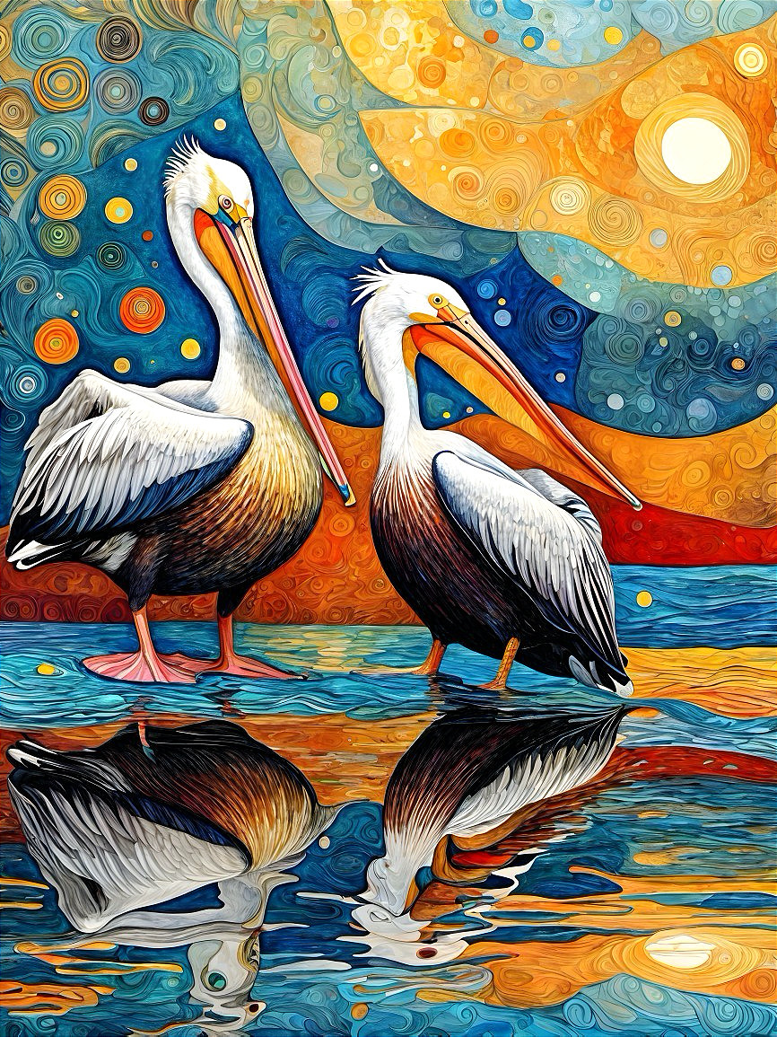 Pelicans by Waterline with Colorful Sunset Sky