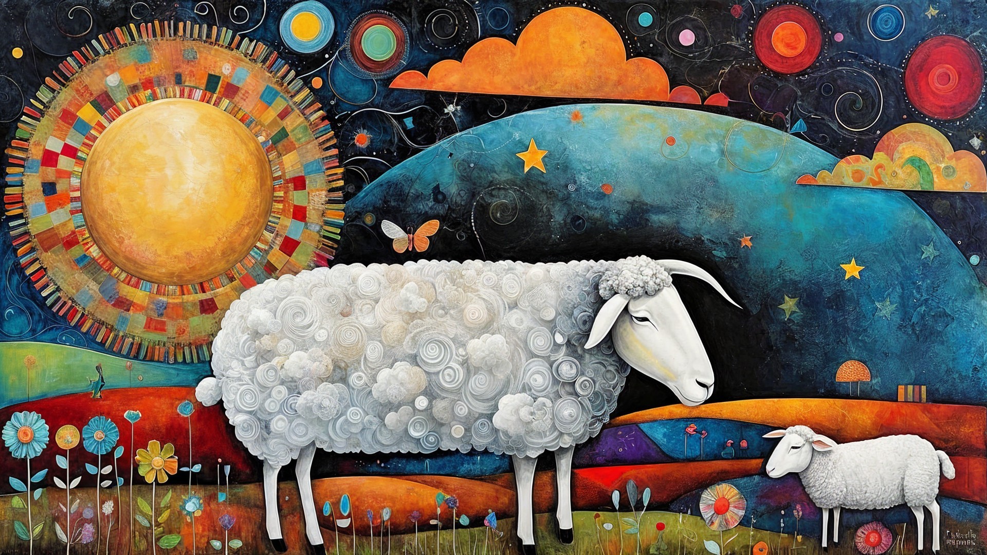 Whimsical Landscape with Sheep and Vibrant Colors