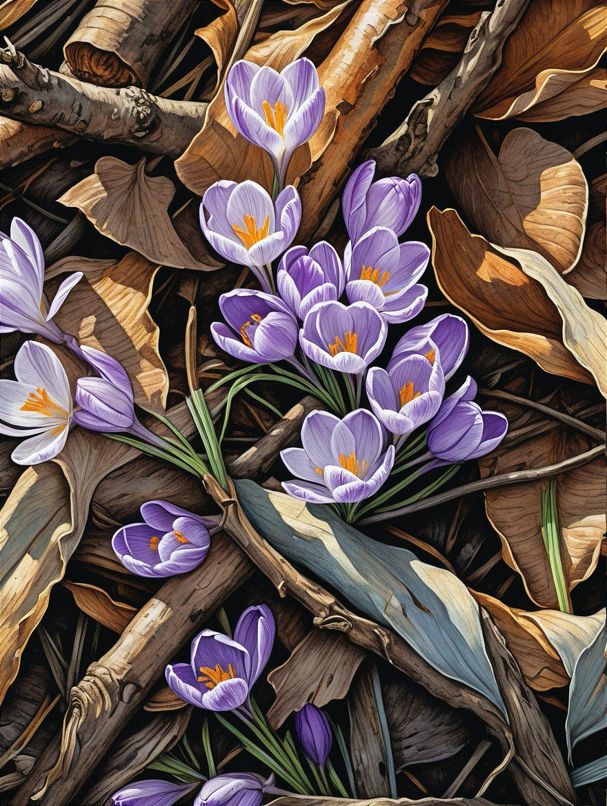 Vibrant Purple Crocuses Among Dry Leaves and Twigs