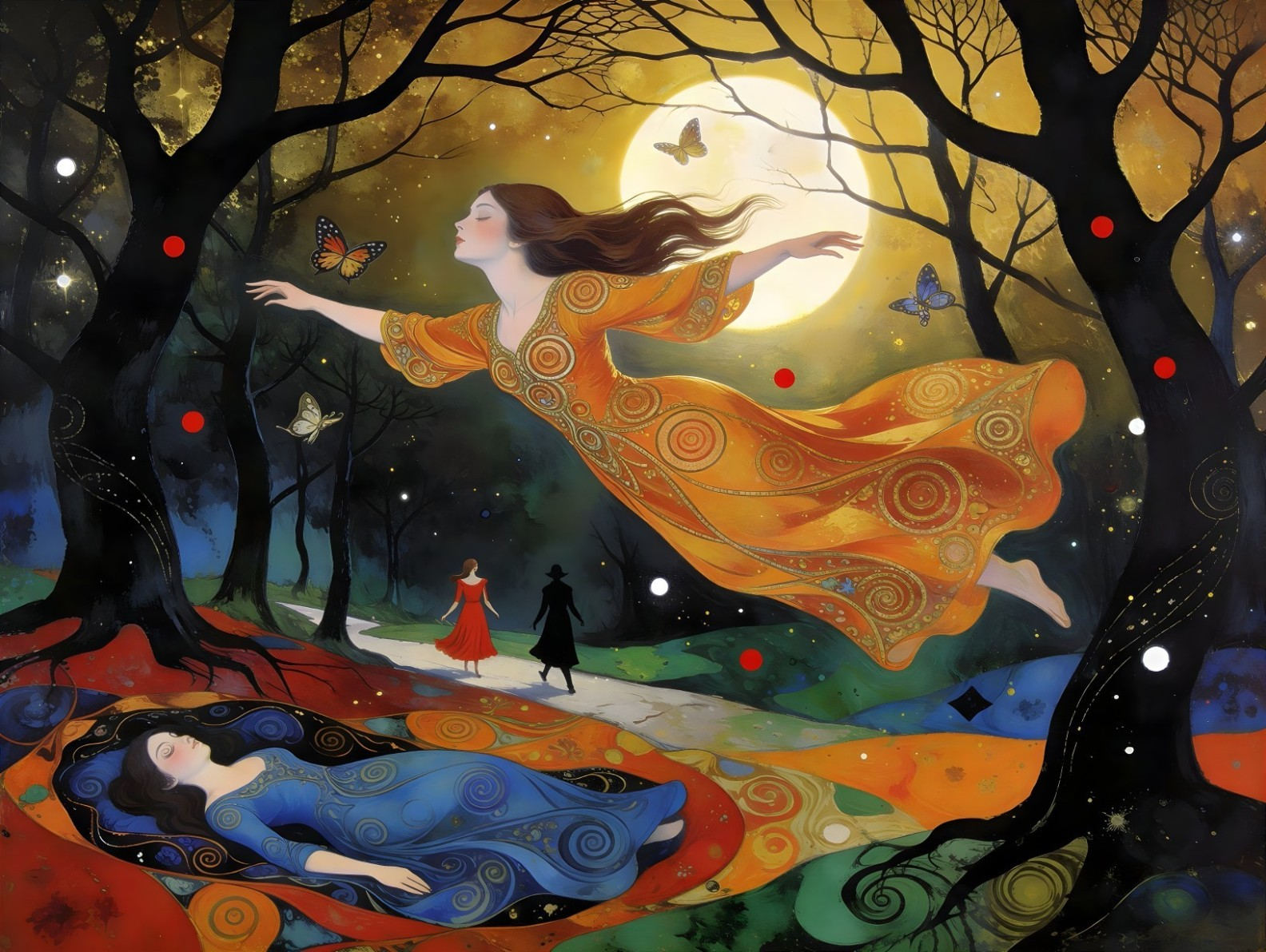 Fantastical Painting of Sleeping Woman in Vibrant Colors