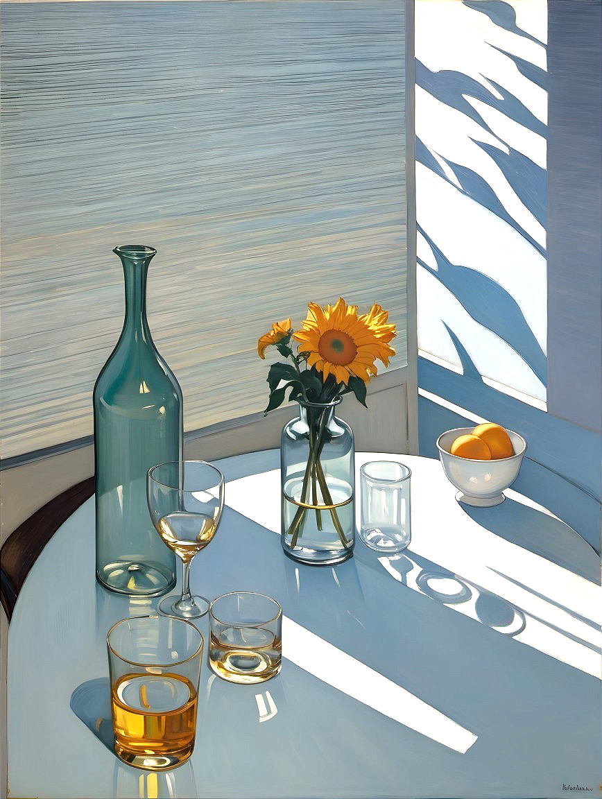 Serene Still Life with Sunflowers and Glassware