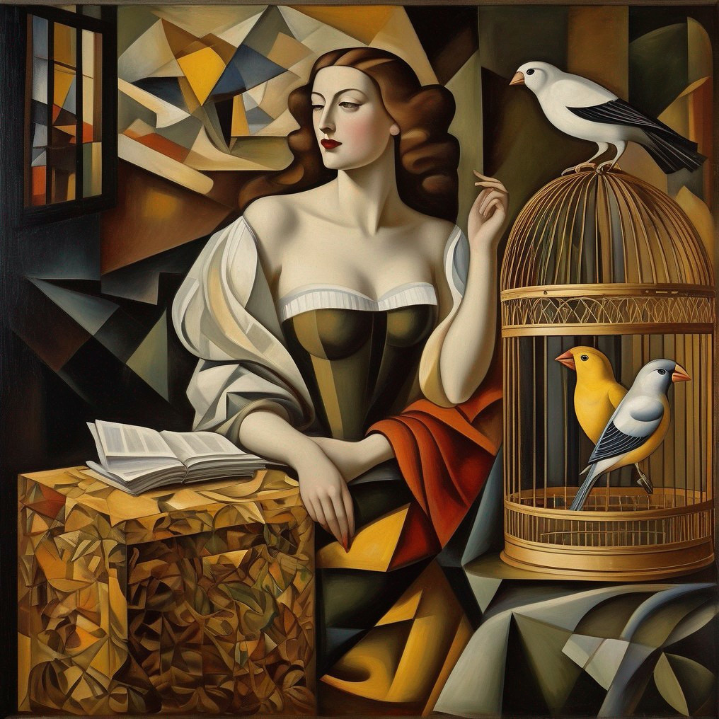 Stylized Woman with Birds in Modern Geometric Setting