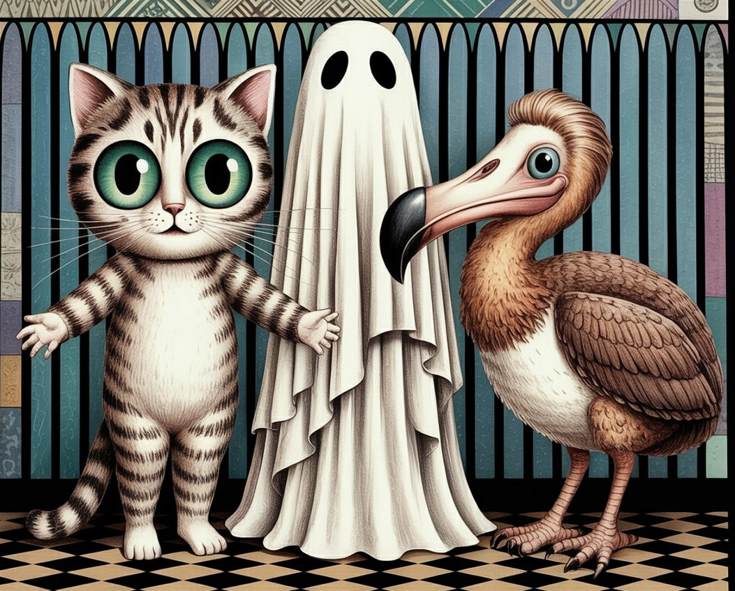 Whimsical Illustration of Cat, Ghost, and Dodo Bird