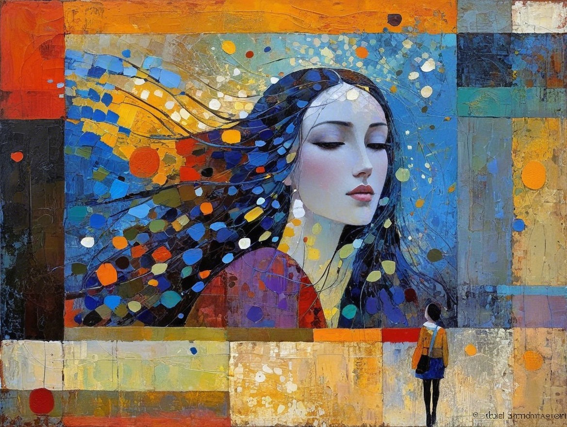 Colorful Artwork of Woman with Flowing Hair and Dots