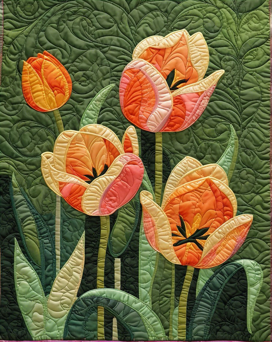 Vibrant quilt with stylized tulips on green background