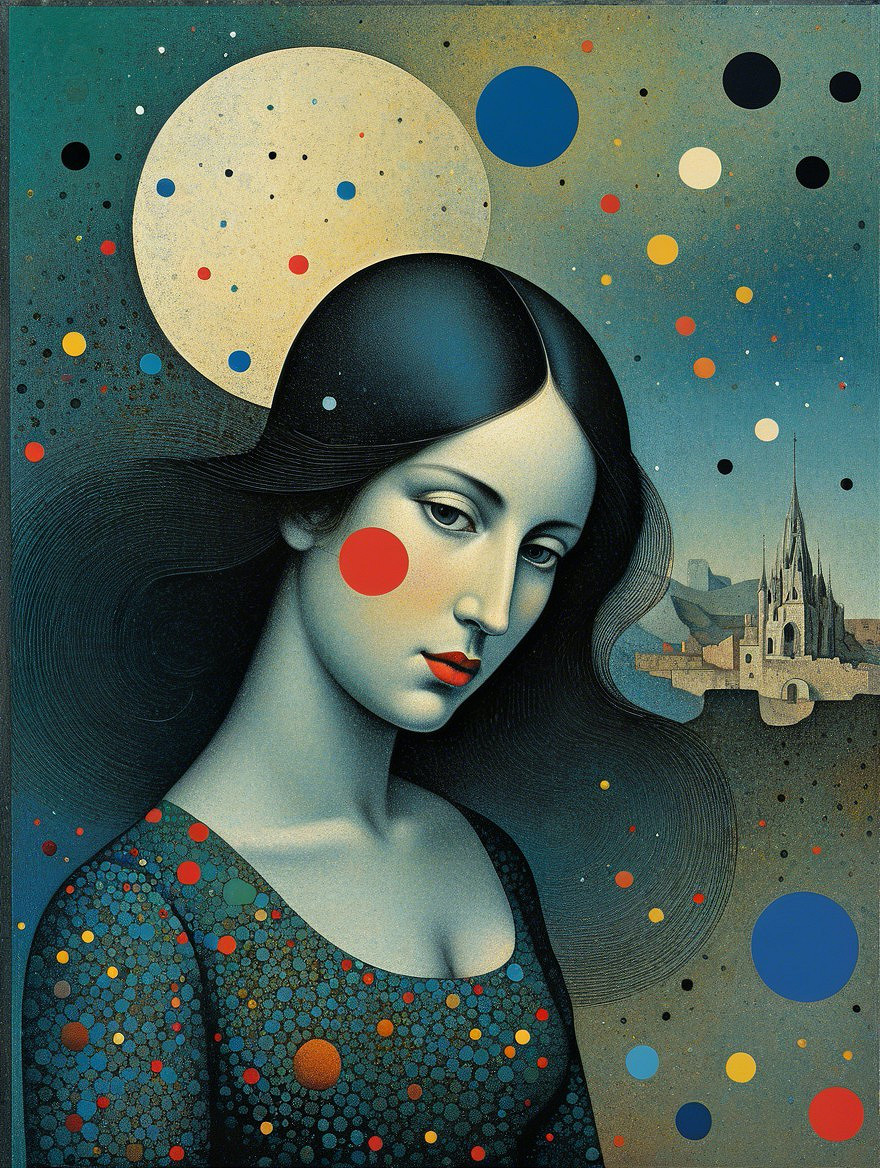 Serene Woman with Dark Hair in Starry Night Scene