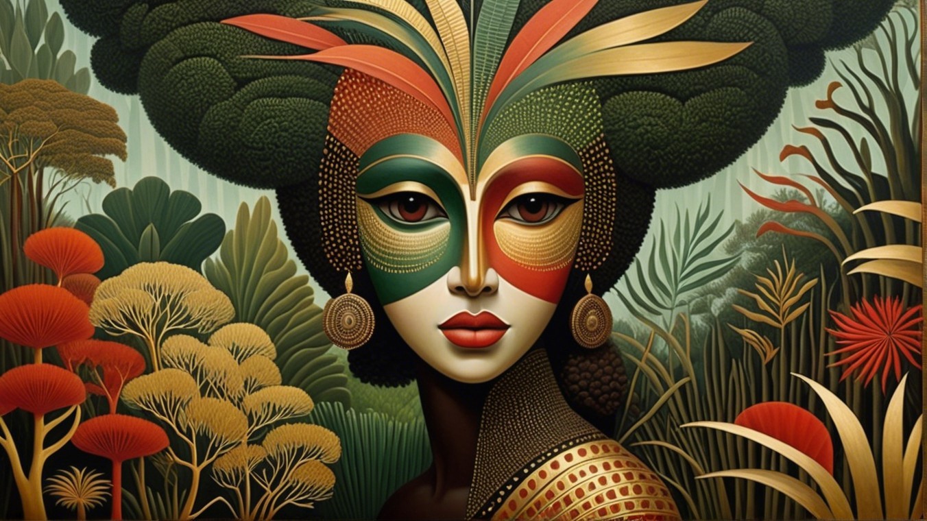 Portrait of a woman with a colorful mask and foliage