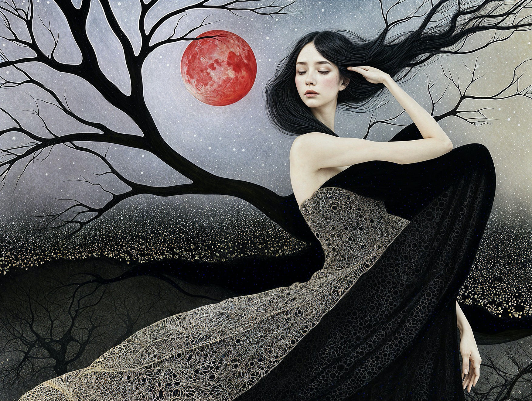 Serene Figure in Black Dress Under Red Moonlight