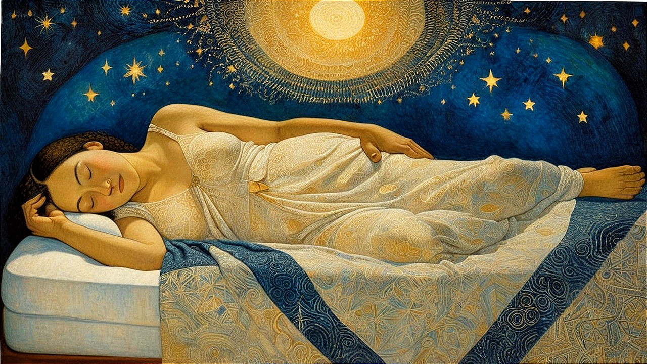 Serene Woman Asleep in Celestial Dreamscape Artwork