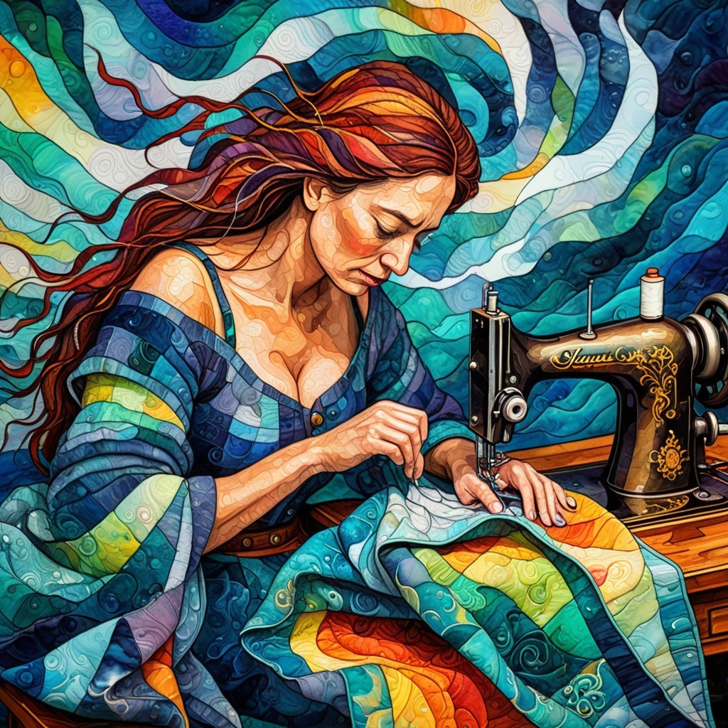 Woman Sewing Colorful Quilt with Vintage Machine