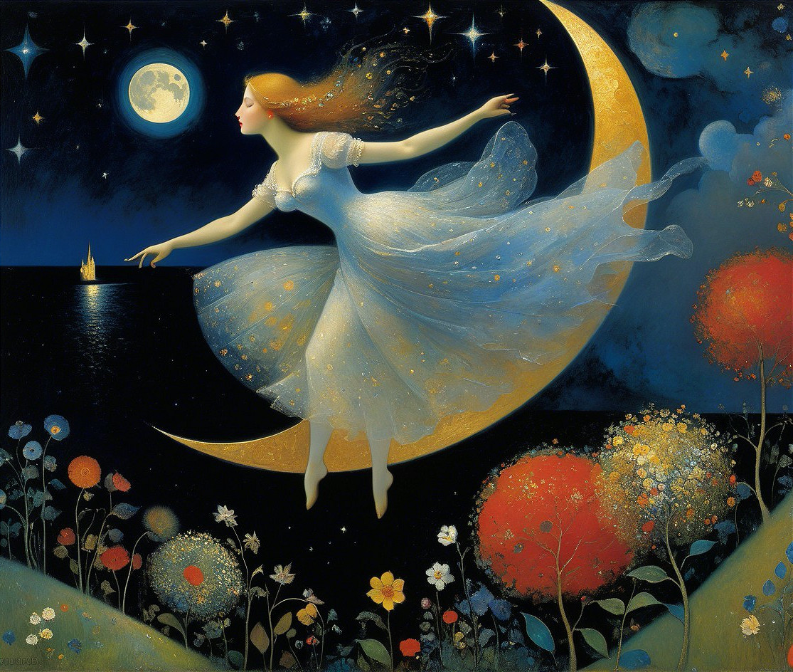 Serene Night Scene with Moonlit Figure and Nature