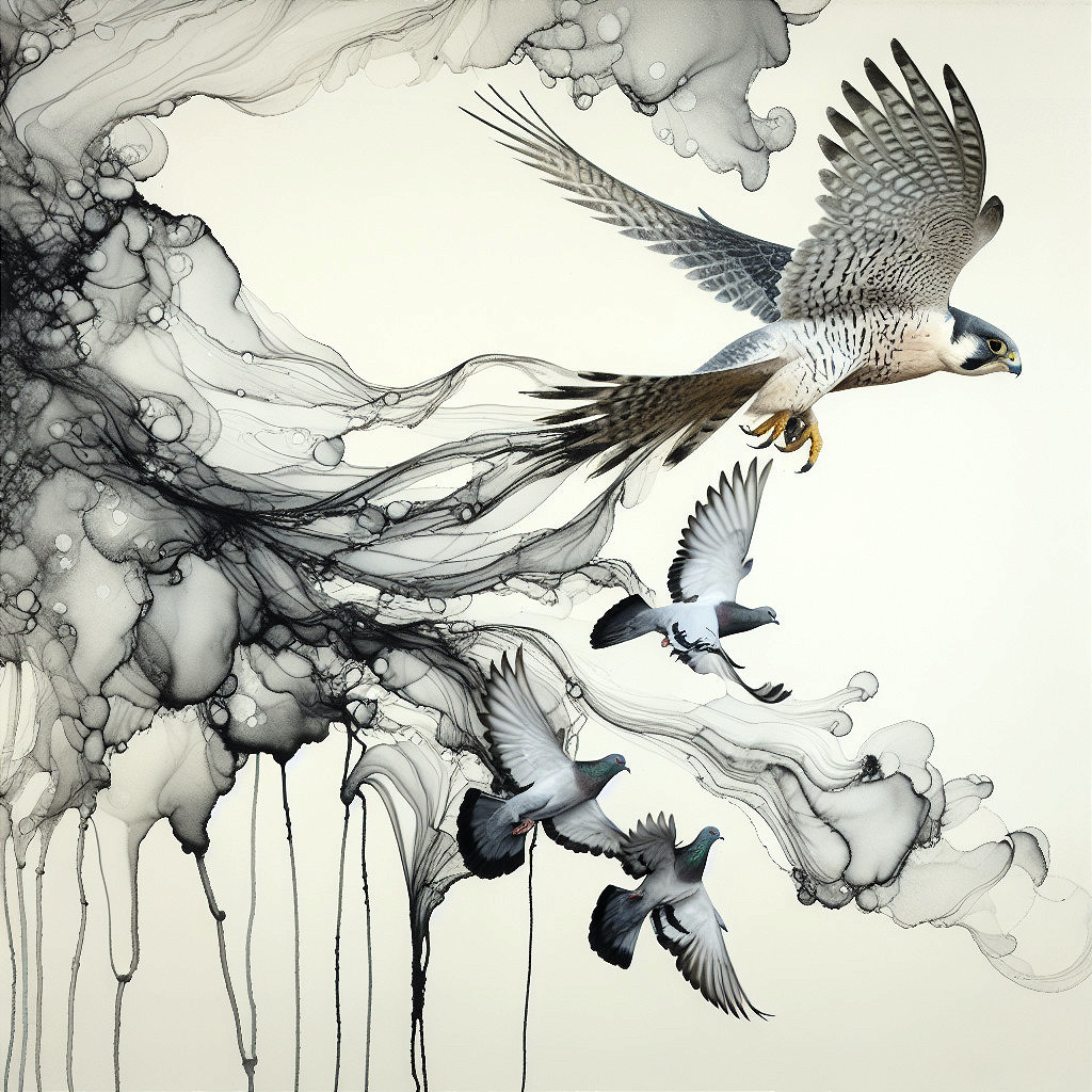 Falcon in Flight with Pigeons and Abstract Background