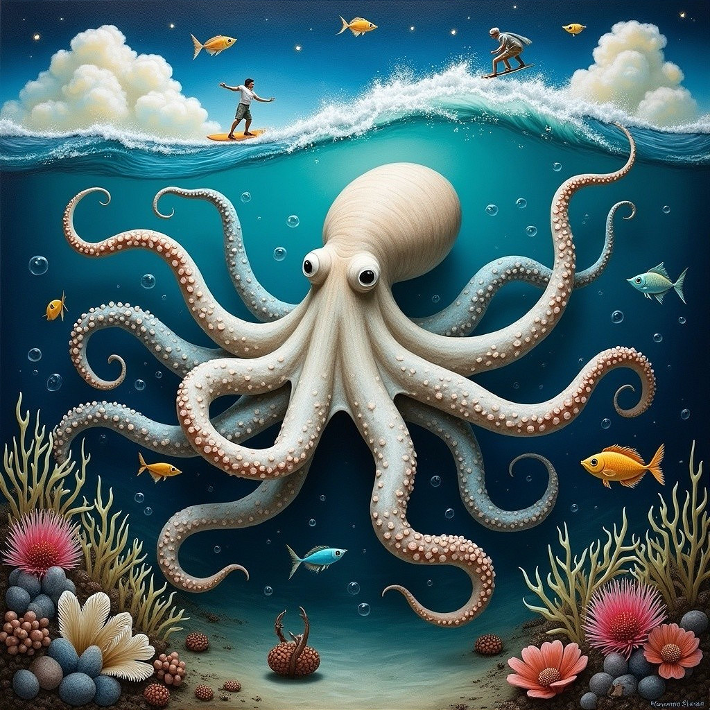 Whimsical Underwater Scene with Octopus and Surfers