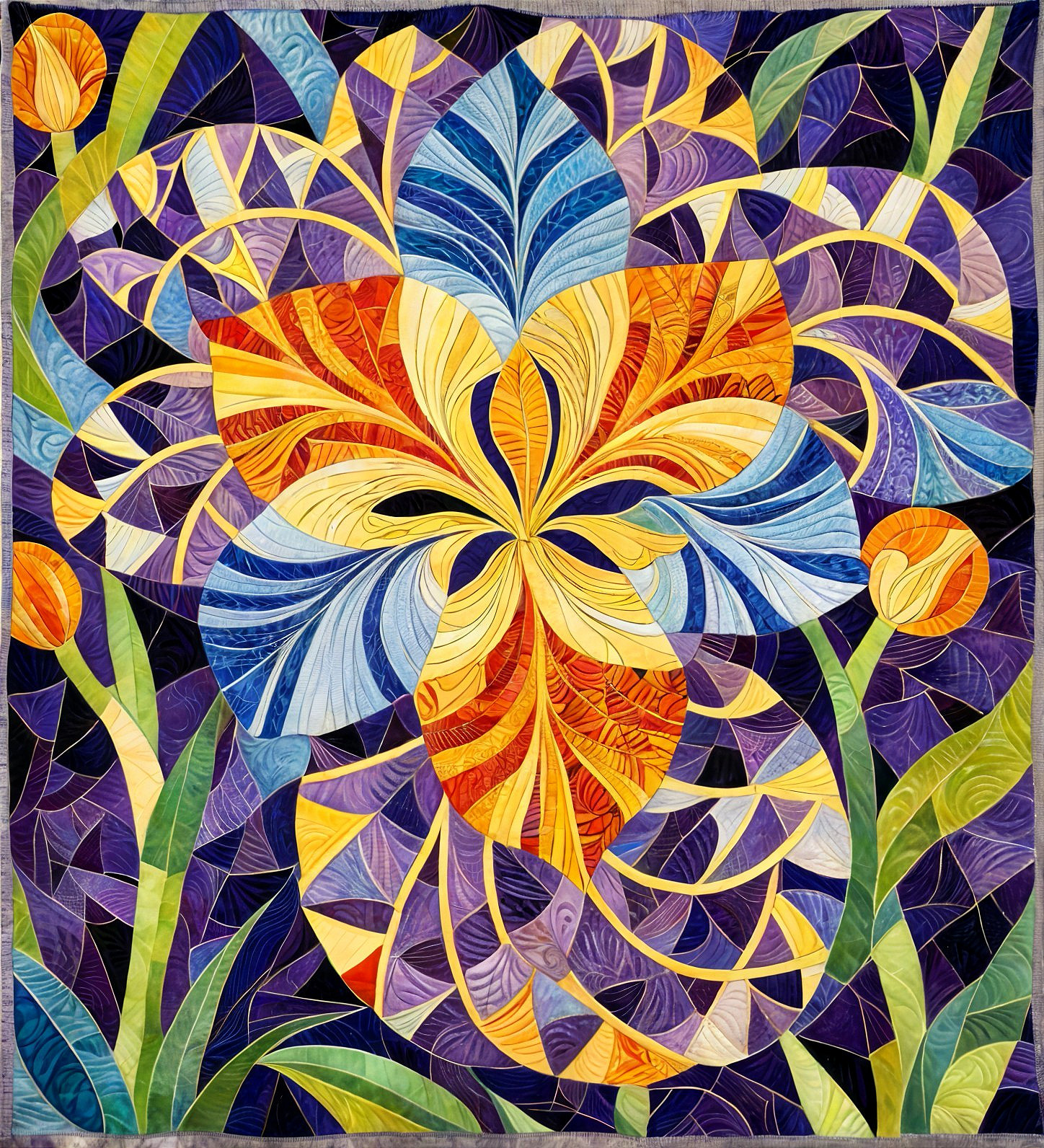 Vibrant quilt with stylized flower and rich colors