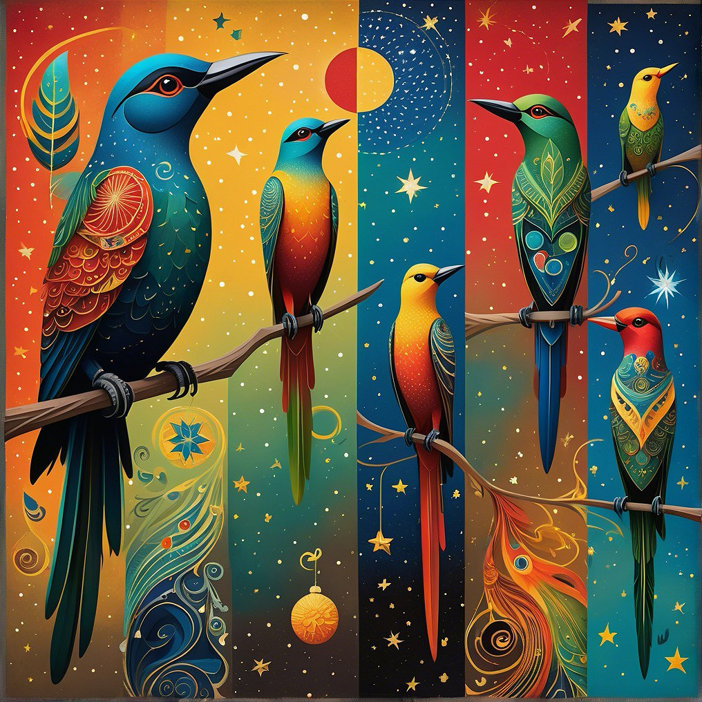 Vibrant Illustration of Stylized Birds on Branches