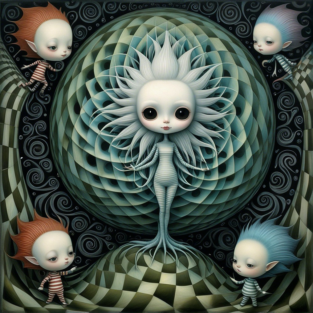 Surreal Scene with Whimsical Figure and Colorful Beings