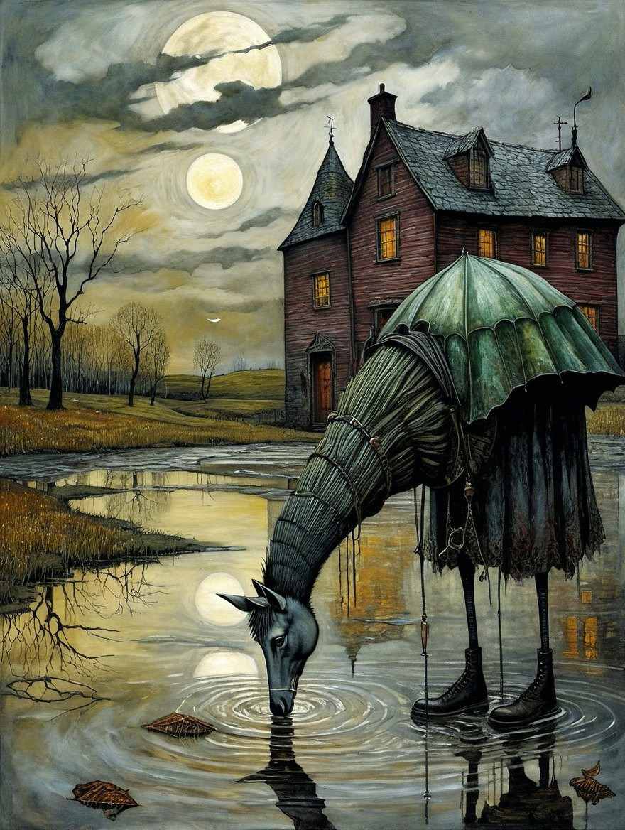 Surreal Scene of a Horse with Human-Like Body