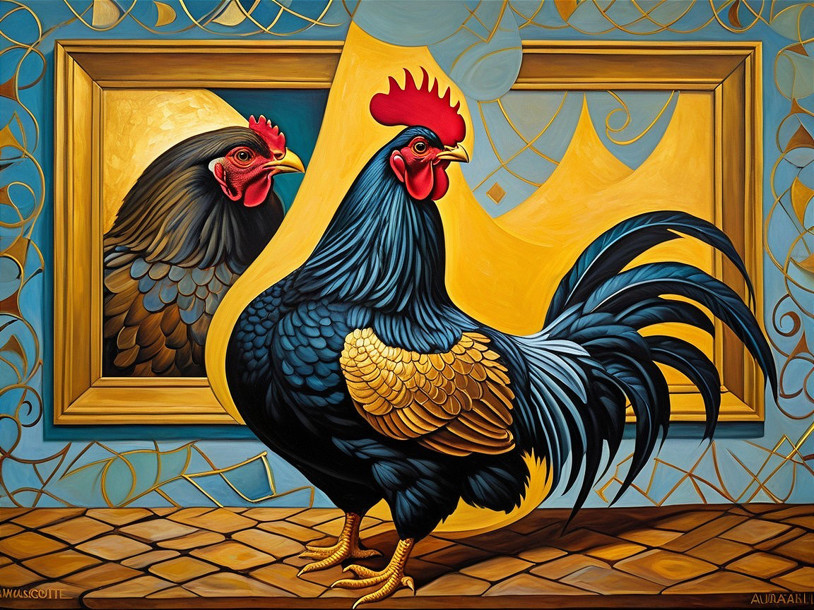 Colorful Rooster with Mirror Reflection and Abstract Background