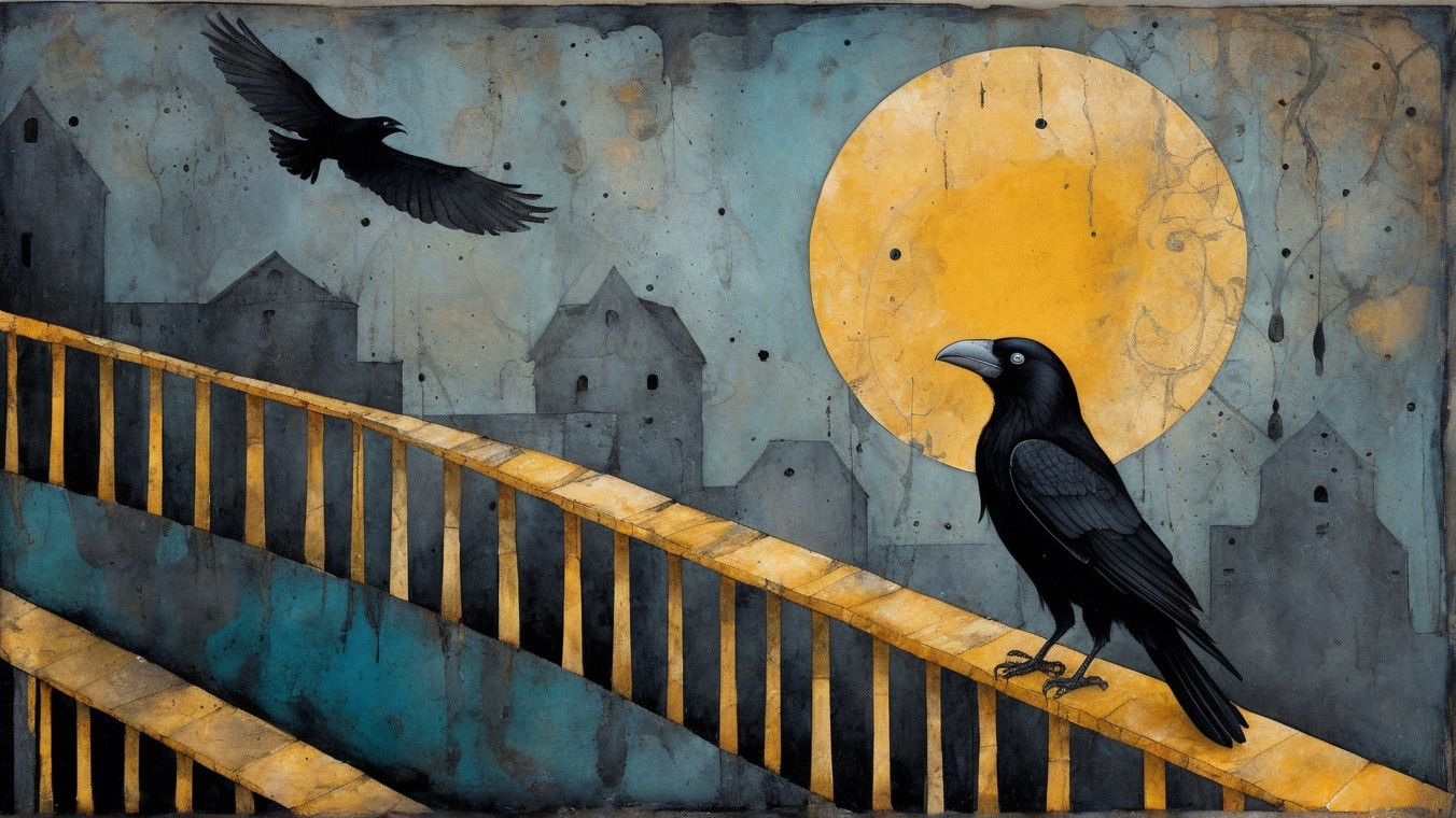 Black Crow on Yellow Bridge Under Glowing Moon