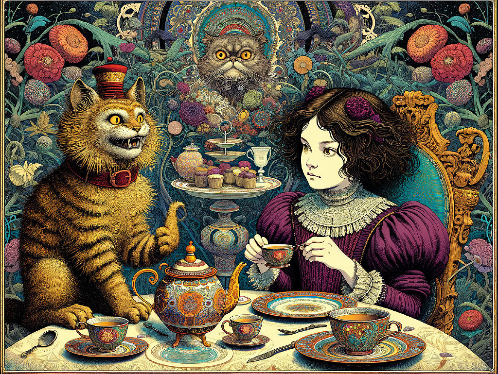 Alice in Wonderland Tea Party with Cheshire Cat and Mystery Character Illustration