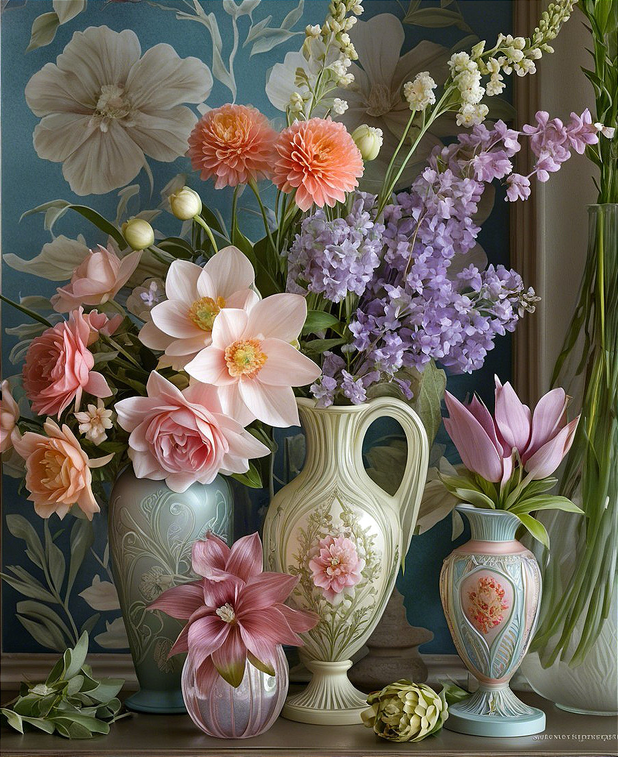 Colorful Floral Display with Elegant Ceramic Vases