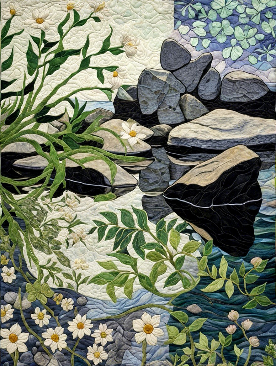 Vibrant Quilt Depicting Serene Landscape and Flora