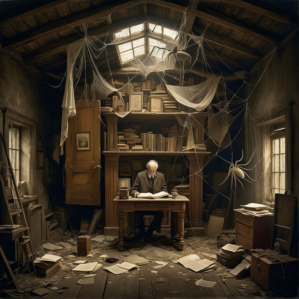Elderly Man Reading in Dusty Attic Filled with Books