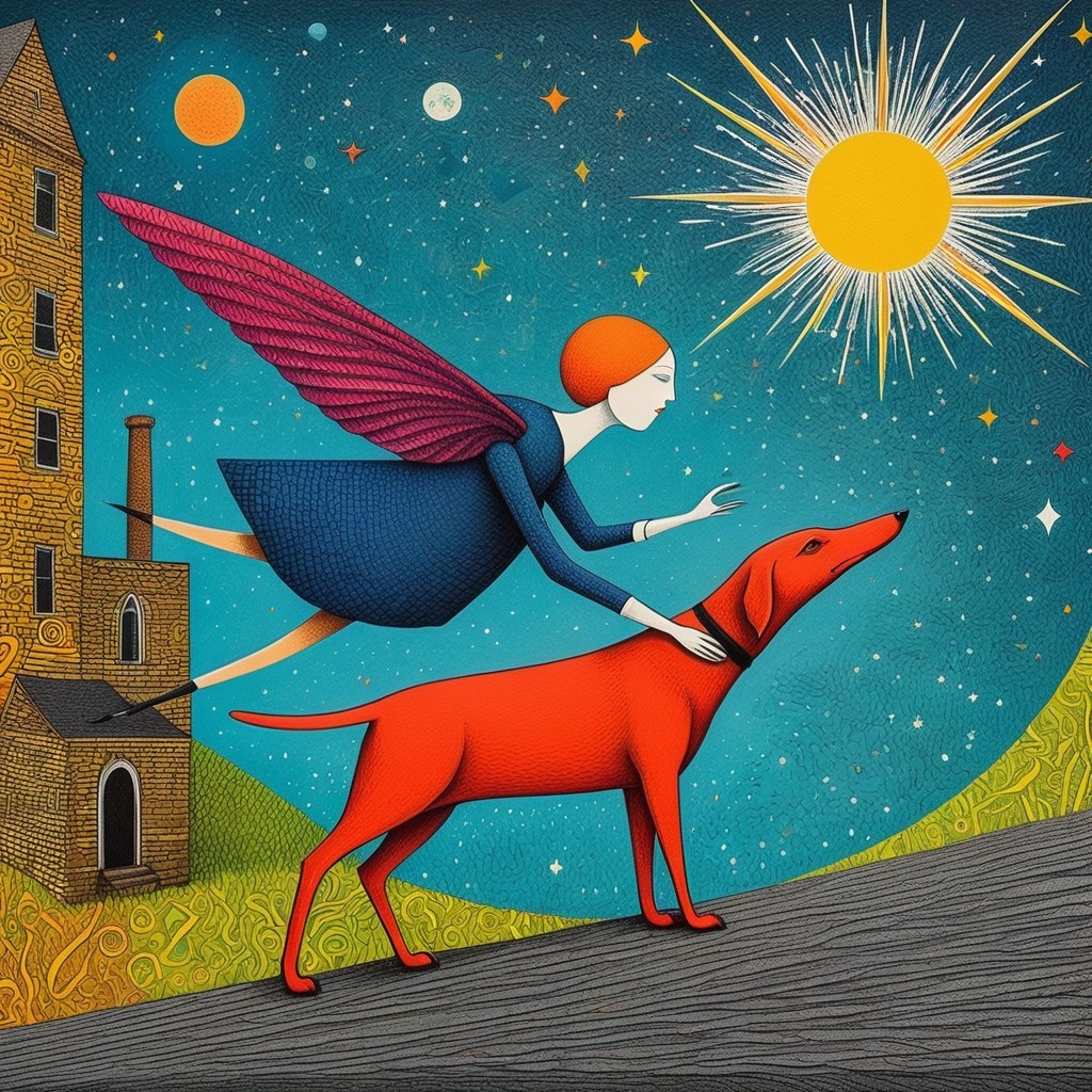 Whimsical Illustration of a Woman with Wings and Dog