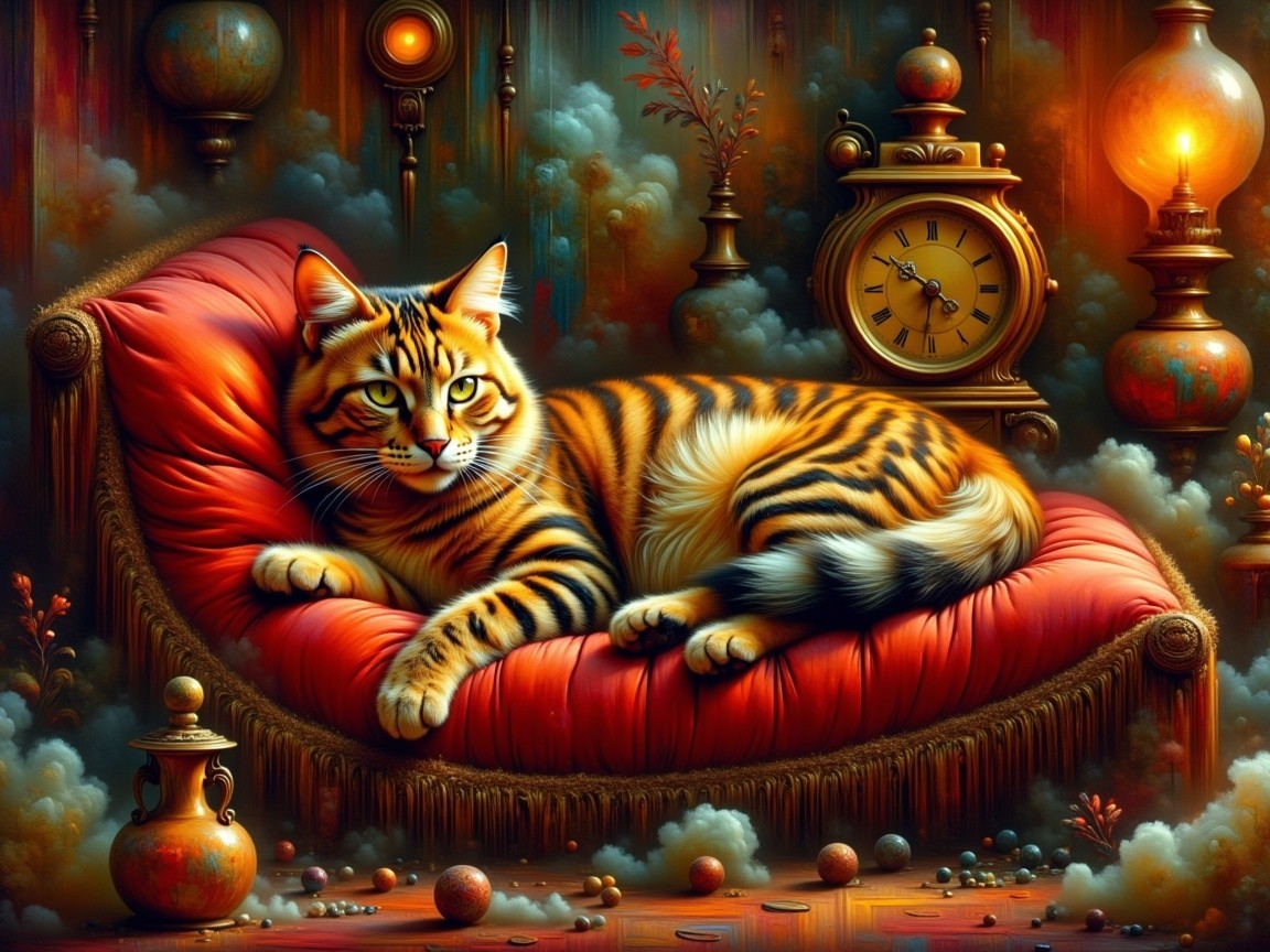 Majestic Cat on Ornate Cushion in Vintage Room